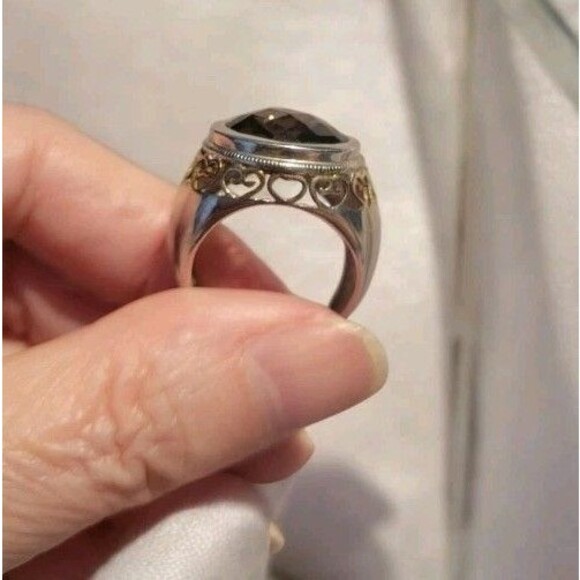 925 Sterling Silver 2-Tone Ring Large Faceted Smoky Topaz Gold Plated hearts 8 - Picture 4 of 14
